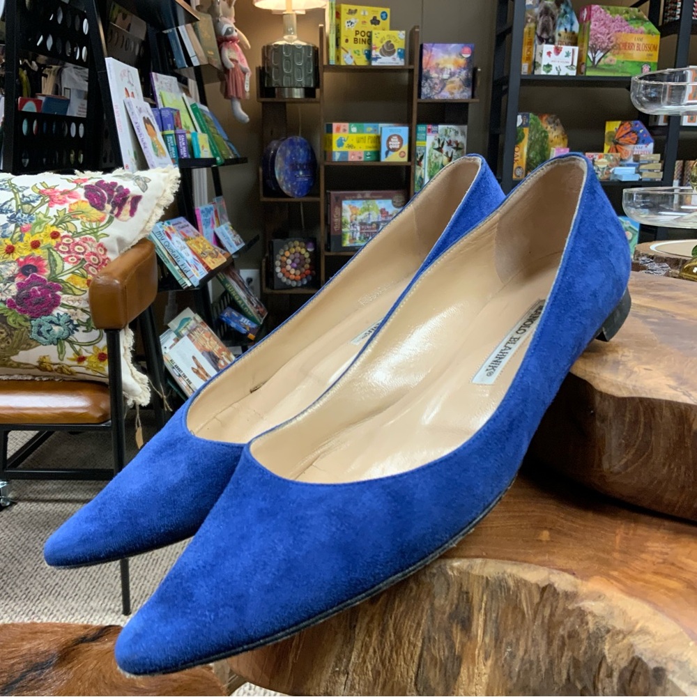 Manolo Blahnik Blue Suede Ballet Flats womens 37 1/2